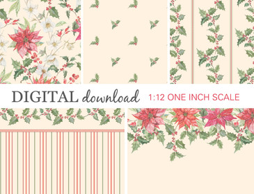 Preview image of 1:12 scale printable dollhouse wallpaper in ivory color for Christmas, designed for miniatures and shown as digital sheets ready for instant download and printing.