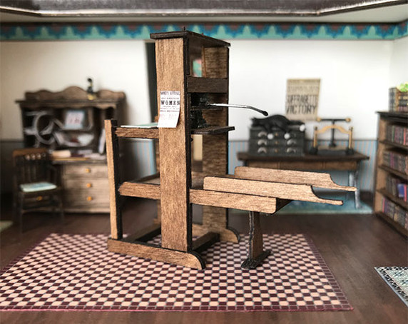 1:48 quarter scale printing press kit shown in the printery of Joie de Vivre.