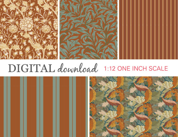 Preview image of 1:12 scale printable dollhouse wallpaper in gray and burgundy and gold, designed for miniatures and shown as digital sheets ready for instant download and printing.