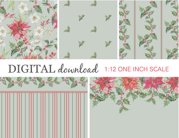 Preview image of 1:12 scale printable dollhouse wallpaper in light green color for Christmas, designed for miniatures and shown as digital sheets ready for instant download and printing.
