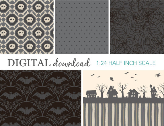 Download and print dollhouse wallpaper for your 1:24 Halloween scenes.