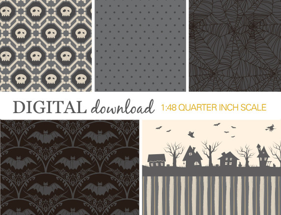 Download and print dollhouse wallpaper for your 1:48 Halloween scenes.