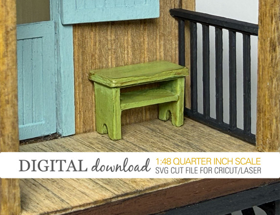Download an SVG file and cut a quarter scale miniature bench for your dollhouse using your laser cutter, Cricut, or Silhouette machine.