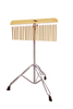 25 hollow chime bars hanging from natural wooden mount. Includes height adjustable double braced chrome stand.