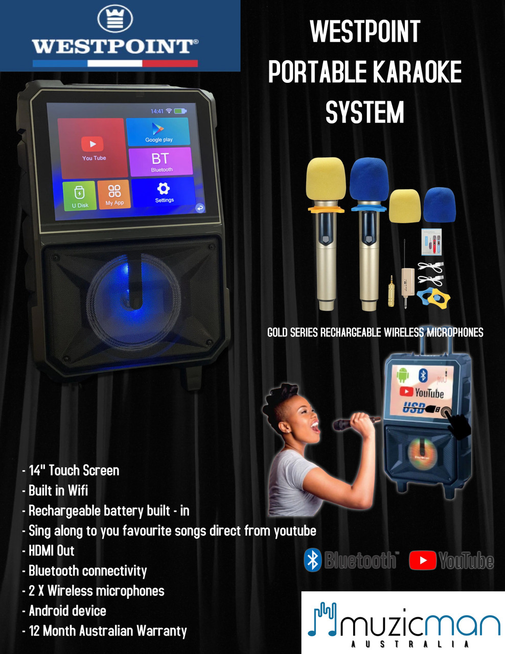 Westpoint Karaoke Touch Video Screen WiFi/Bluetooth Portable Sound system INCL 2 Wireless Microphones Rechargable Battery- Upgraded Android 7.1.2