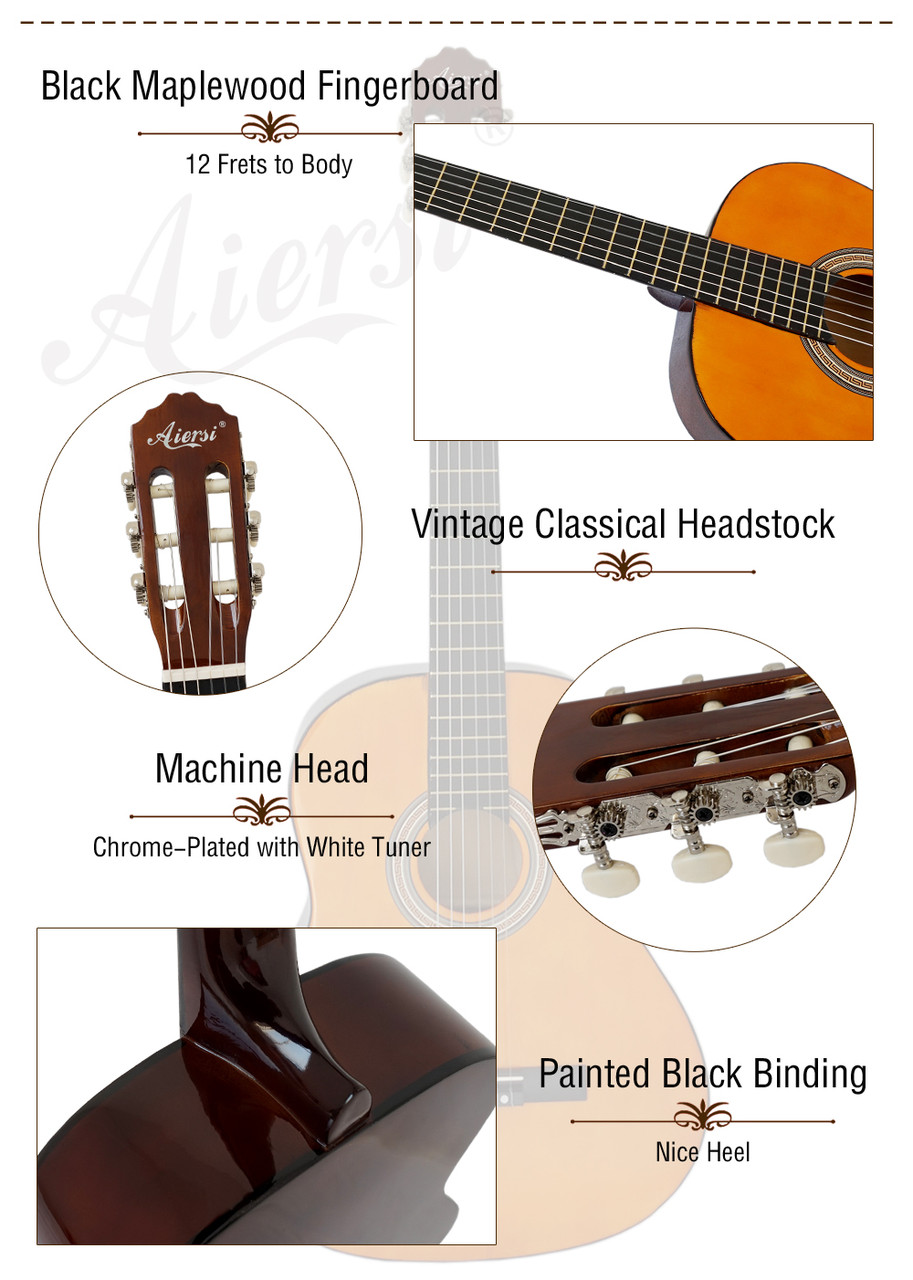 Aiersi SC040 classical guitar natural for beginners and students Pack includes Bag - Tuner - strings