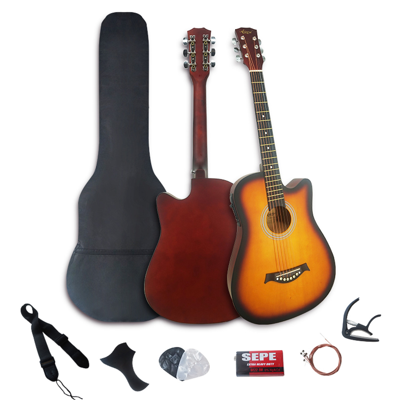 Aiersi SG040CESB Beginners 38 Inch Cutaway Basswood Electric Acoustic Guitar Pack