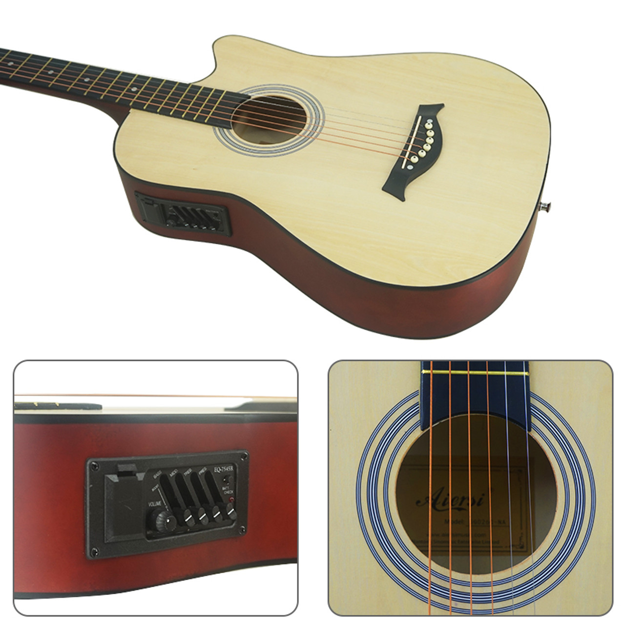 Aiersi SG040CENAT  Beginners 38 Inch Cutaway Basswood Electric Acoustic Guitar Natural Pack