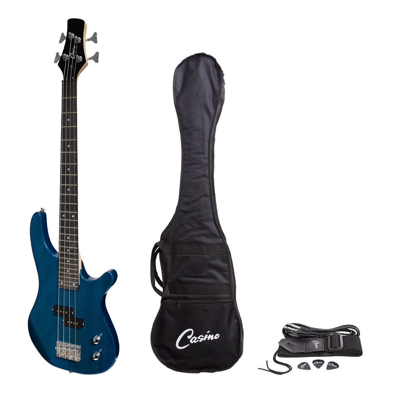 Casino '24 Series' Short Scale Tune-Style Electric Bass Guitar Set  (Transparent Blue) - MUZIC MAN AUSTRALIA - TAX INVOICE