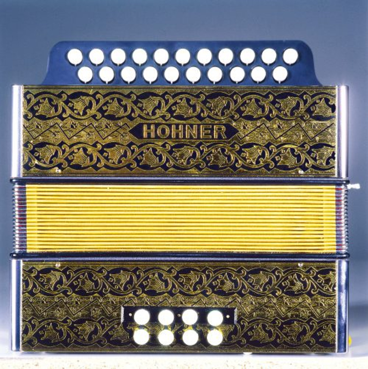 Hohner 2915 G/C Vienna 2-Row Diatonic Button Accordion, 21 Treble/8 Bass Buttons, Mm Reeds, Black & Gold, With Straps (15-A3405s)