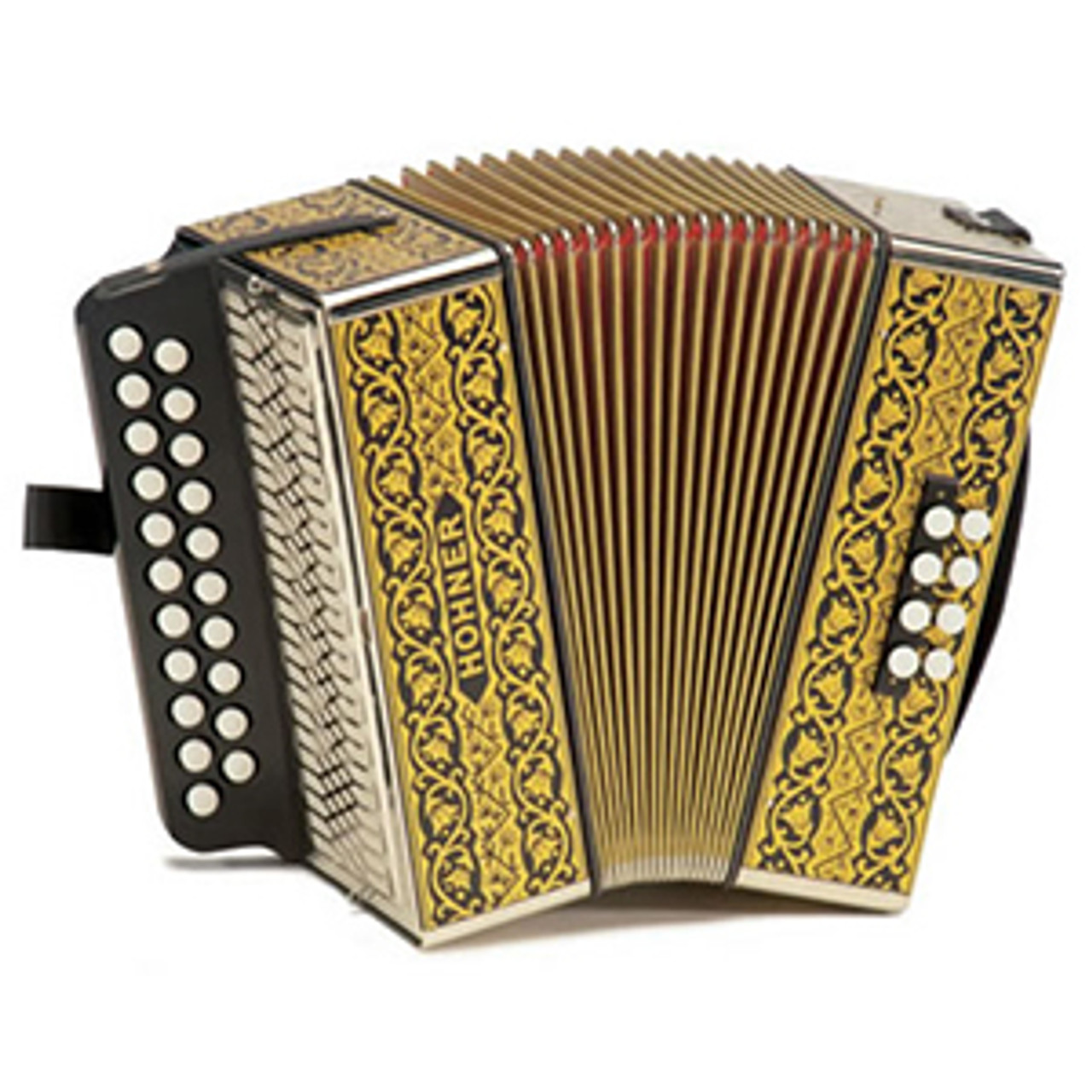 Hohner 2915 G/C Vienna 2-Row Diatonic Button Accordion, 21 Treble/8 Bass Buttons, Mm Reeds, Black & Gold, With Straps (15-A3405s)