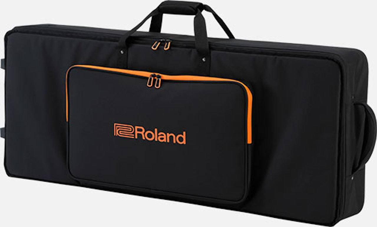 Semi-rigid keyboard case with integrated wheels for 61-note instruments.