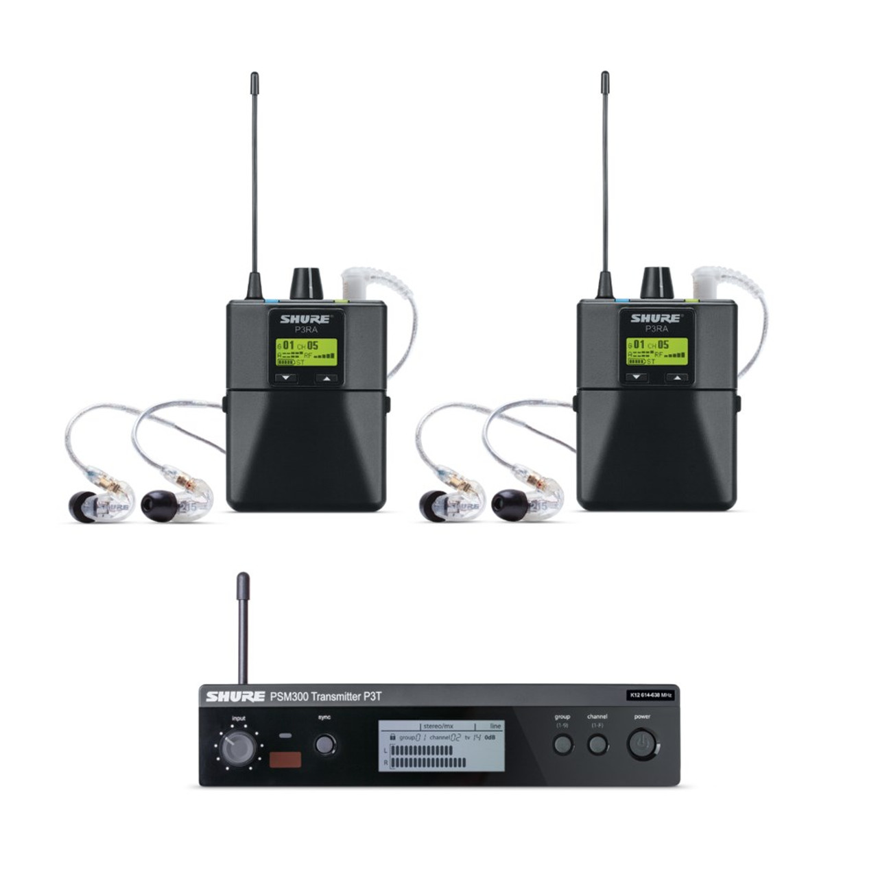 Shure SHR-P3TRA215TJ10 PSM300 Twin Wireless System 584-608 MHz; includes 2x P3RA Bodypacks & 2x SE215-CL