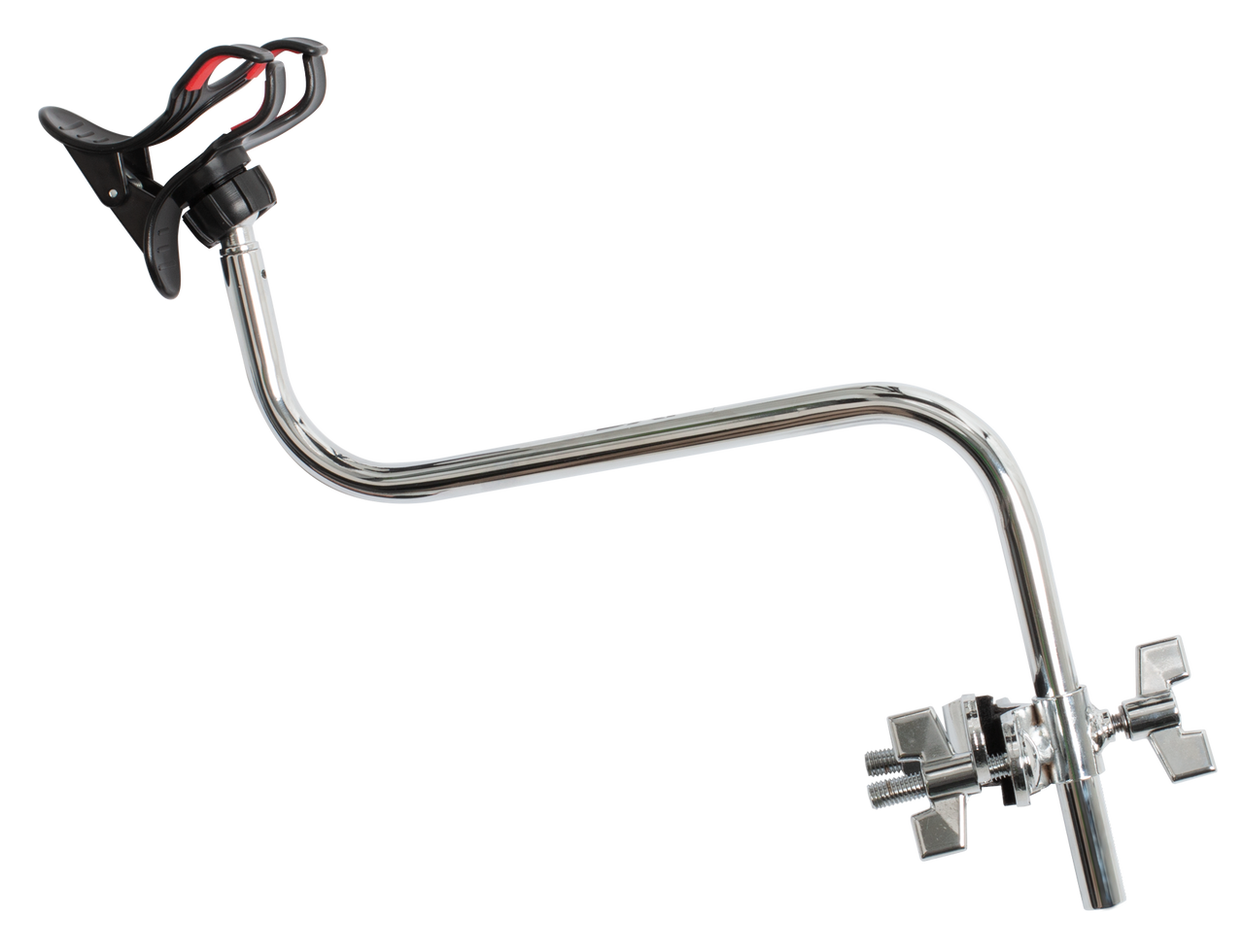 Multi adjustable to suit most standard and large size phones up to a maximum width of 110mm. Adjustable "Z" shaped arm with ball joint tilt adjustable clip to hold phone. Removable heavy duty multi clamp attaches to drum stands, microphone and music stands. Suits tube diameter up to 28.5mm (1_"). Chrome plated.