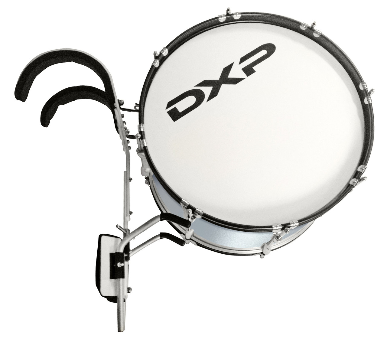 24" x 12" Marching Bass Drum (8 double lugs) with height adjustable aluminium Harness with padded shoulder, abdomen supports and aluminium J-arm rests.