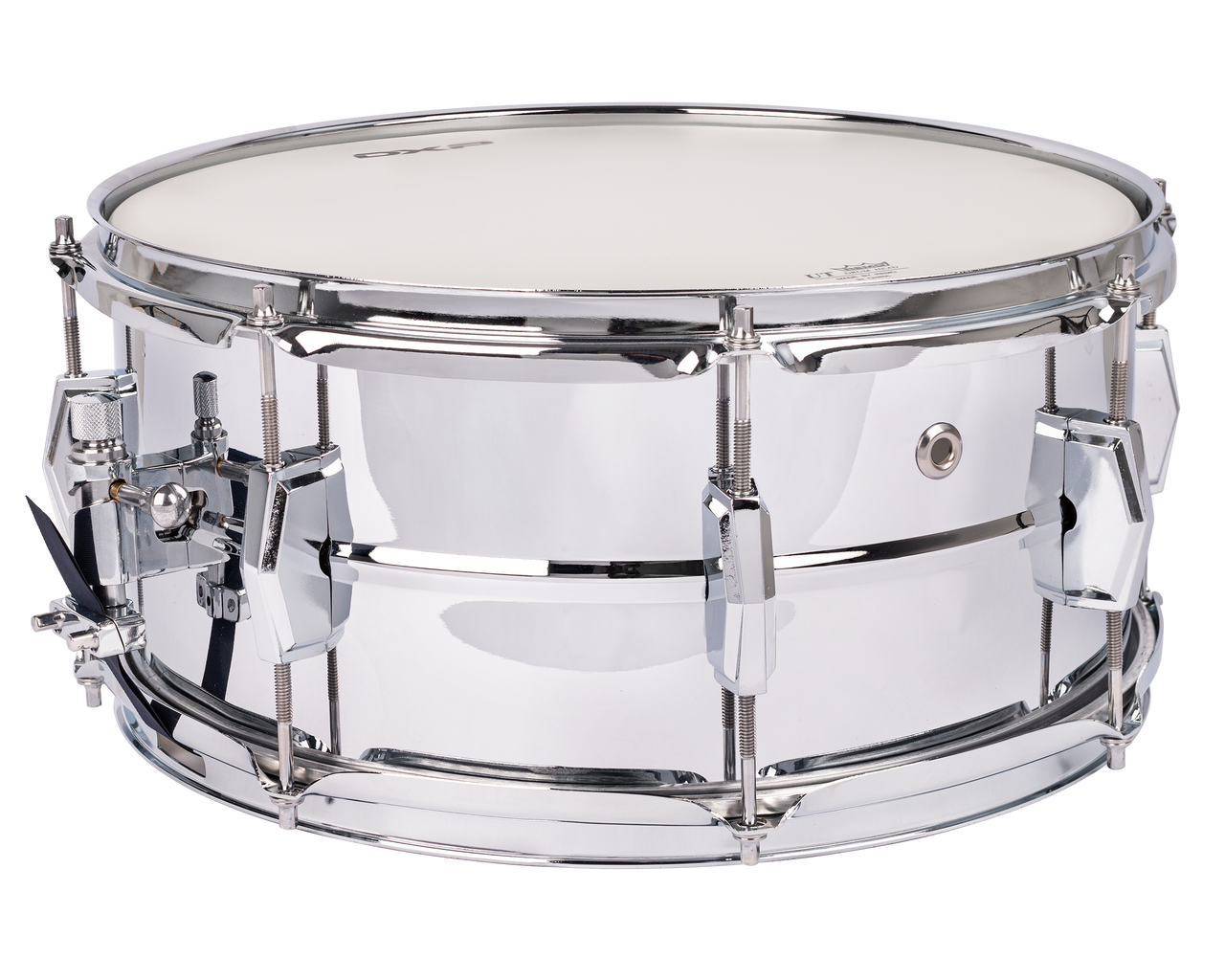 14"x 6_" beaded steel shell. 8 classic look, bridge style chrome lugs. Super smooth strainer. Remo Coated UT Drum head.