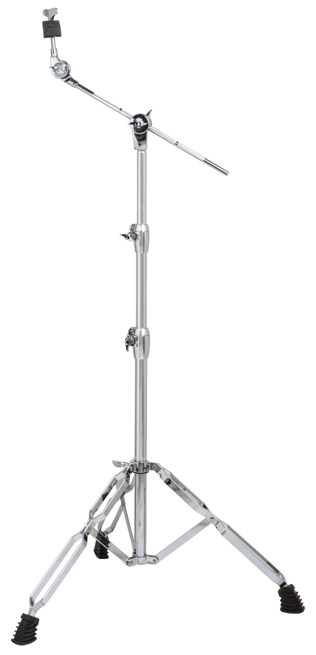 Pro extra heavy duty, hideaway boom/straight Cymbal stand with double braced legs. Dual height adjustment. Splined boom arm. Butterfly style boom arm adjustment. Comfort curve wing nuts for secure locking.