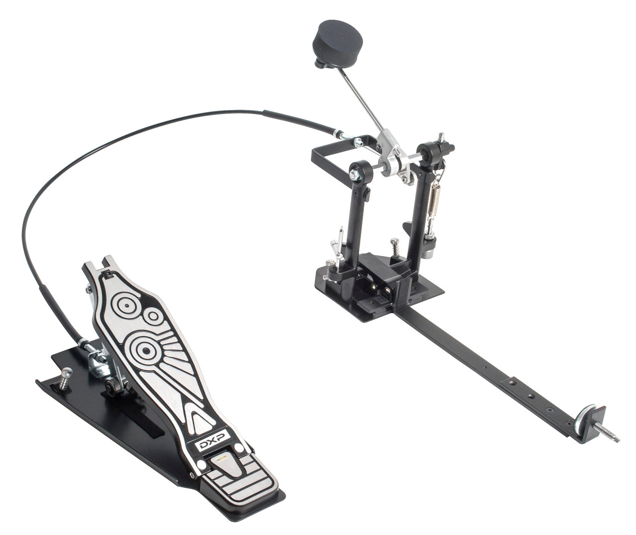 Heavy duty black cast primary pedal drives a cable driven slave with a self levelling foam beater with adjustable spring tension. Multi position clamp mounts with tightening screw. Pedal includes large metal base plate with stabilising screws and velcro.