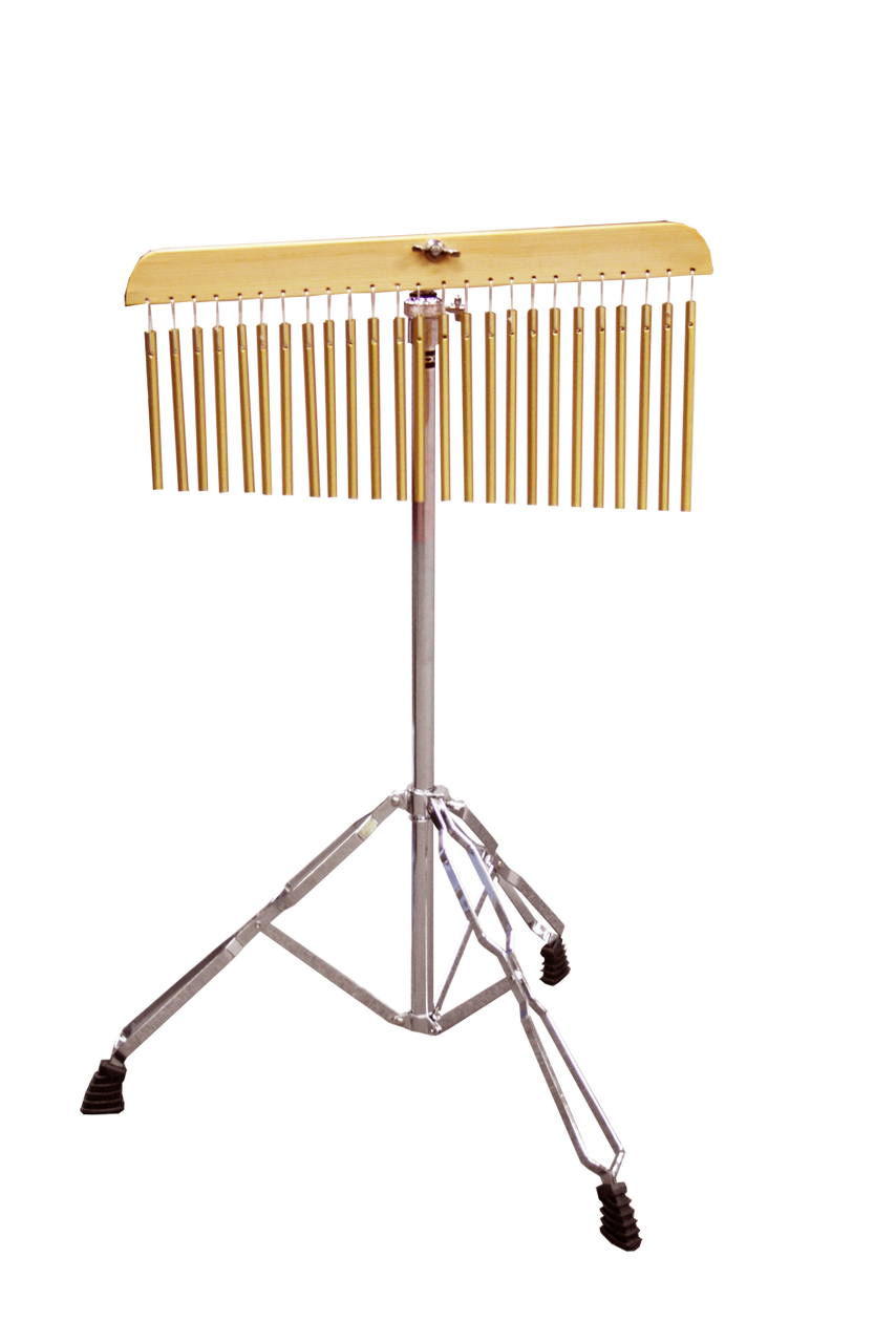 25 hollow chime bars hanging from natural wooden mount. Includes height adjustable double braced chrome stand.