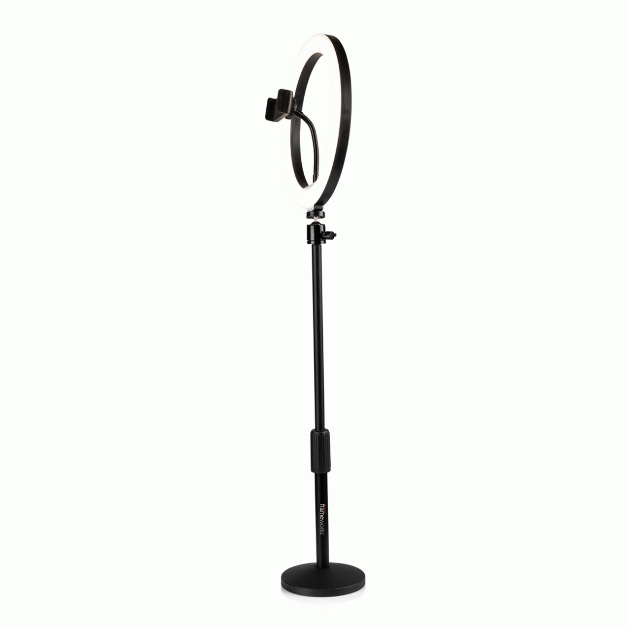 The Gator GFWRINGLIGHTDSKTP 10-Inch LED Desktop Ring Light Stand with Phone Holder and Compact Weighted Base