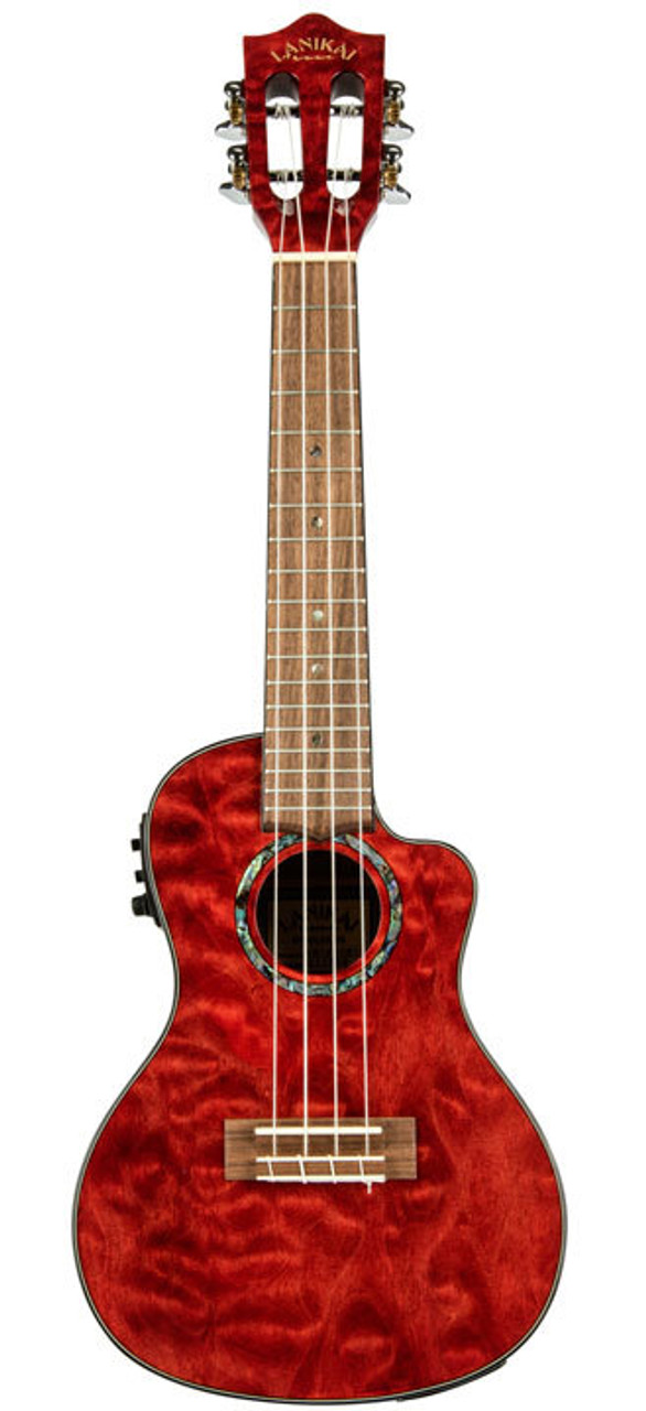 Lanikai Quilted Maple Concert AC/EL Ukulele in Red Stain Gloss Finish