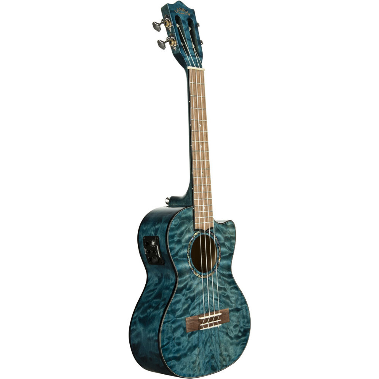 Lanikai Quilted Maple Tenor AC/EL Ukulele in Blue Stain Gloss Finish