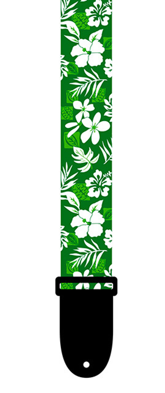 Perris 1.5" Polyester Ukulele Strap in Green & White Luau design with Leather ends