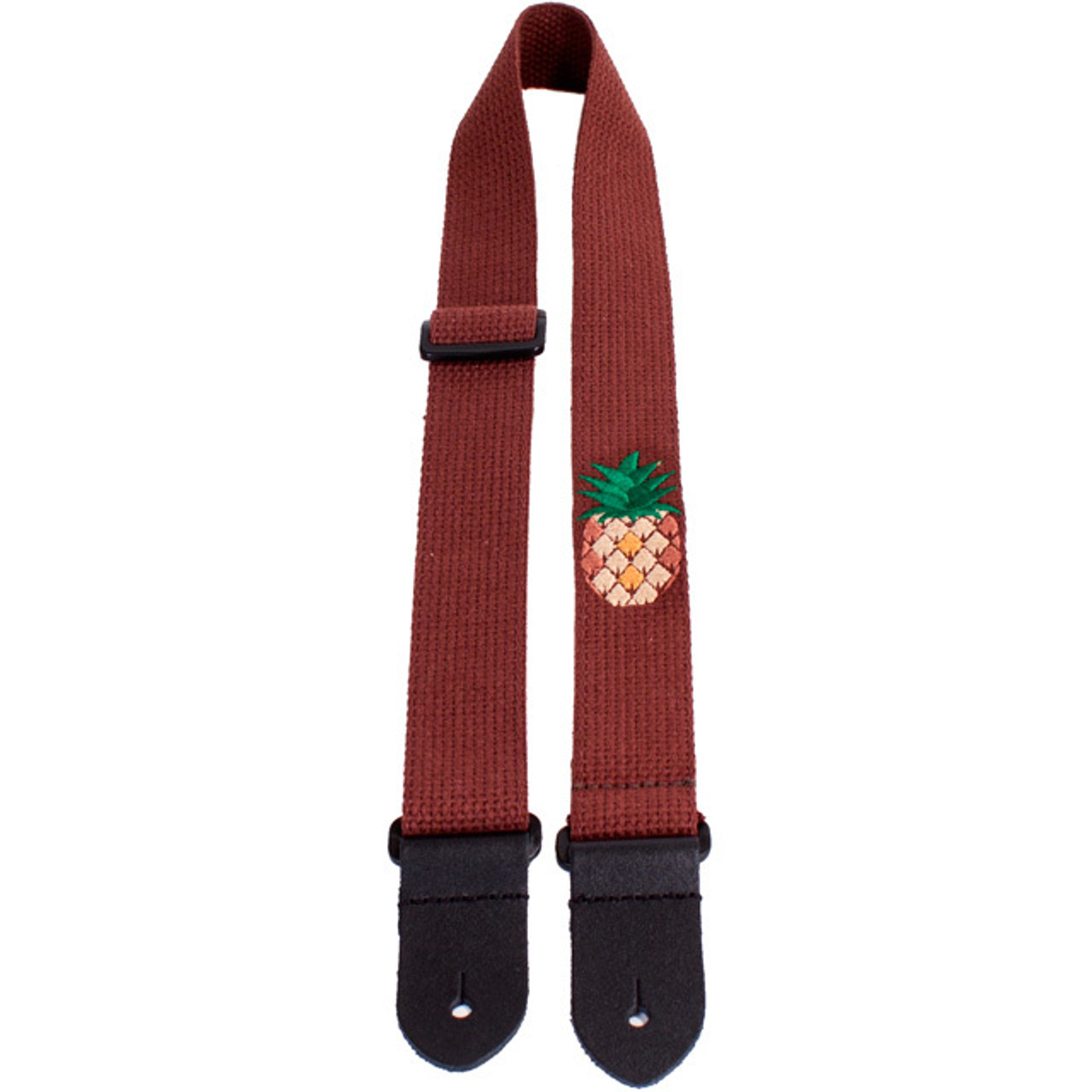 Perris 1.5" Cotton Ukulele Strap in Brown with Pineapple Embroidery & Leather ends