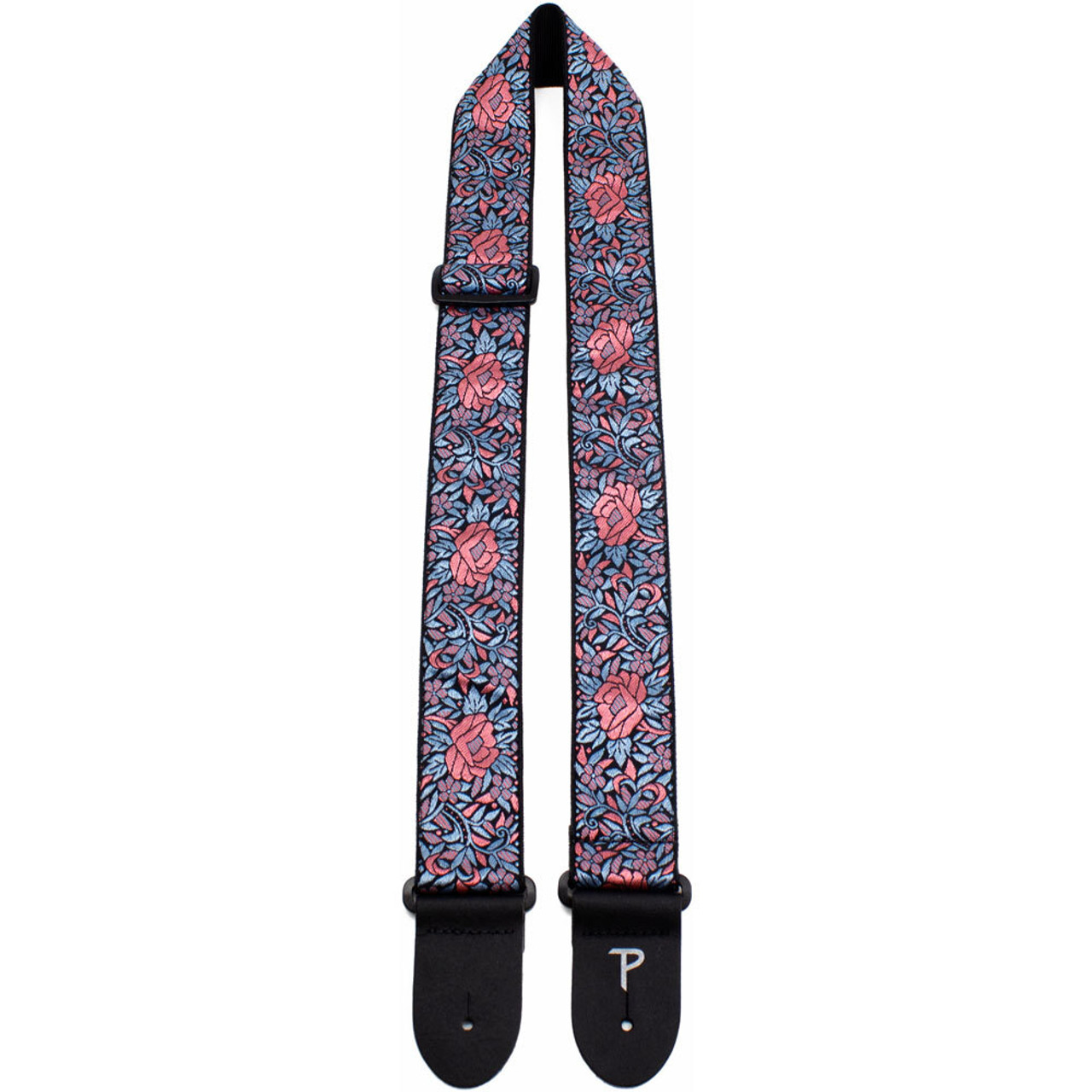 Perris 2" Jacquard Guitar Strap with Blue & Red Flower Pattern with Leather ends