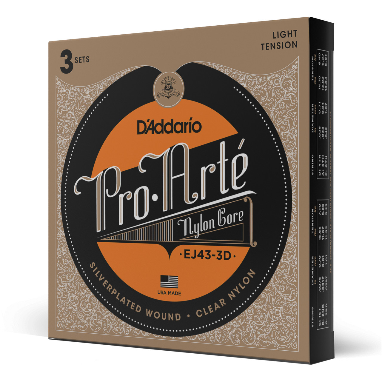 D'Addario EJ43 Pro-Arte Nylon Classical Guitar Strings, Light Tension, 3 Sets