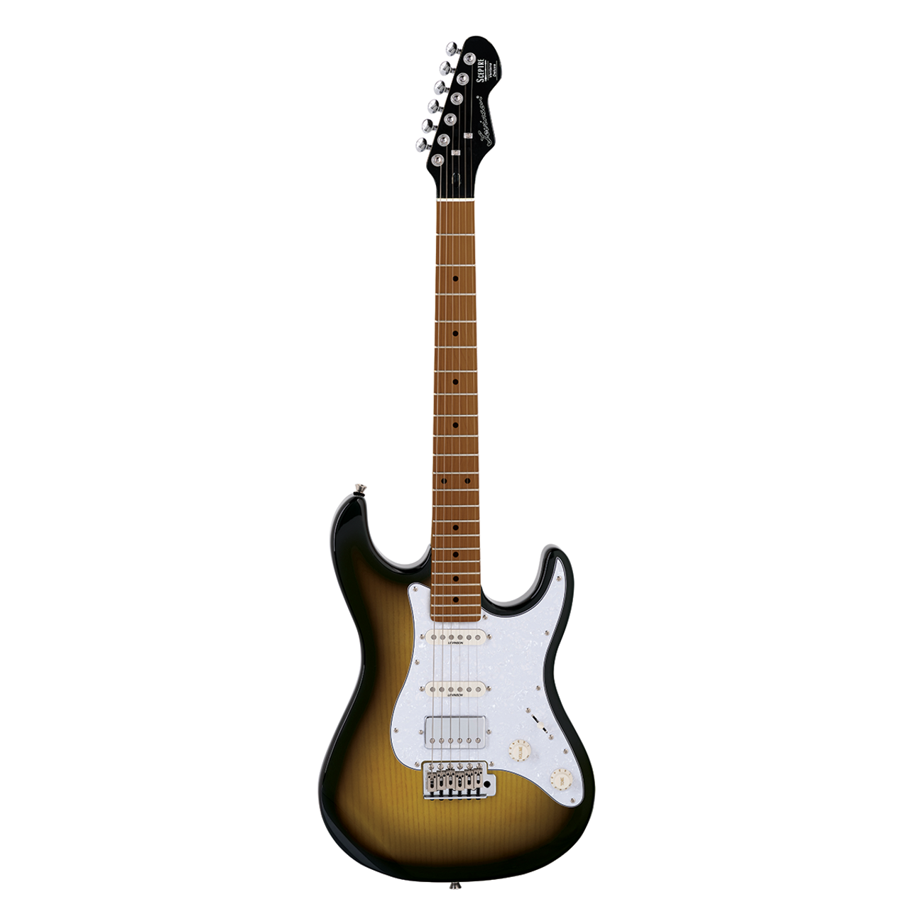 Levinson Sceptre Ventana Deluxe Double Cutaway HSS See Thru 2 Tone Sunburst w Maple Board