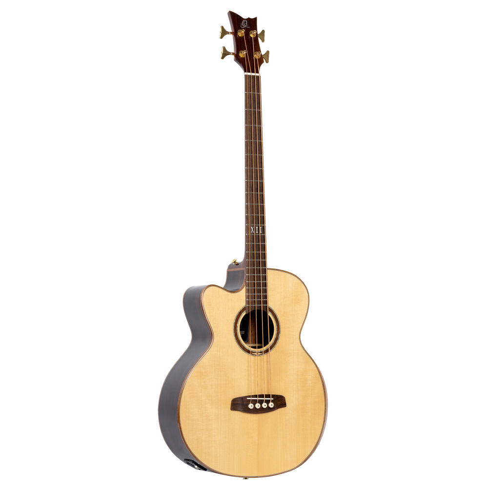 ORTEGA The Private Room Medium Scale Acoustic Bass 4 String Lefty - Spruce / Striped Ebony Natural + Bag