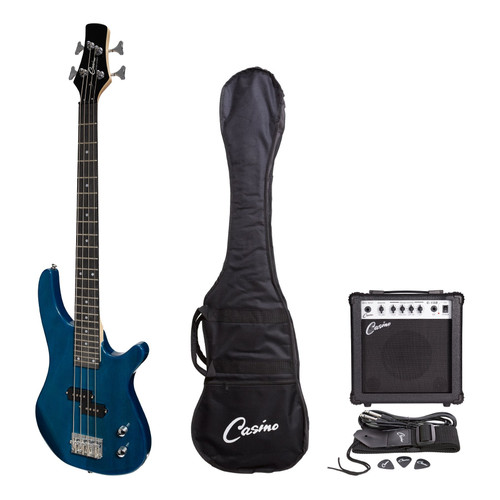 Casino '24 Series' Short Scale Tune-Style Electric Bass Guitar and 15 Watt Amplifier Pack (Transparent Blue) Casino '24 Series' Short Scale Tune-Style Electric Bass Guitar and 15 Watt Amplifier Pack (Transparent Blue)