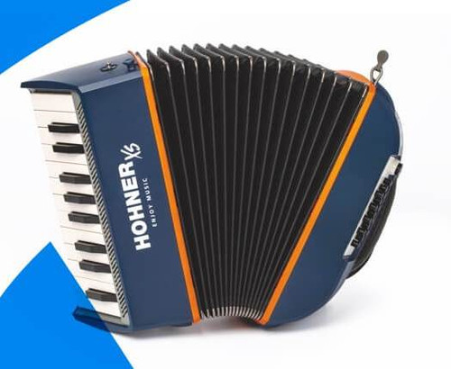 15-A2901, HOHNER XS-SERIES PIANO ACCORDION, EXTRA SMALL, DESIGNED FOR CHILDREN AGE 4-8, LIGHTWEIGHT, CLICK ‘N’ PLAY STRAPS, BLUE/ORANGE, WITH GIGBAG