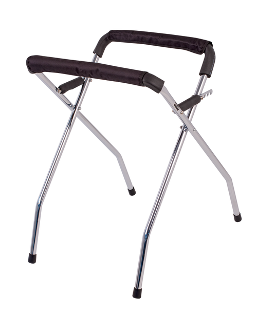 Hinged two piece Drum Stand with thick, black tube foam rubber along both top rail rests. Non-slip feet and locking support arm each side for stability. Stores easily. 5 height adjustable.
