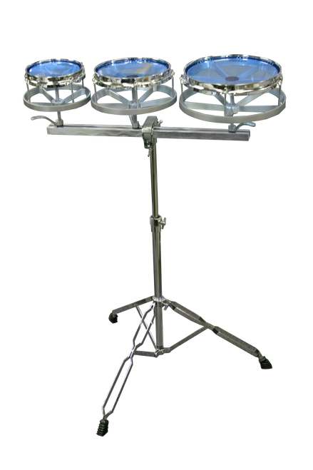 3 toms of 6", 8" & 10". Cast shells with 4, 5 & 6 lugs respectively. Attractive transparent blue heads. Very solid double braced stand.