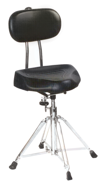 Deluxe, heavy duty stool with padded back support attached to saddle style seat. Worm screw height adjustment.