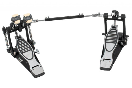 Heavy duty black cast pedal frame. Cam driven dual chains. Adjustable spring tension. Metal base plates on both pedals with anti-slip rubber. Dual beaters, toe stops. Great action. Left handed.