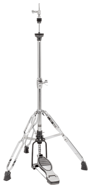 Heavy duty with double braced legs. Chain driven foot plate with adjustable spring tension. Two piece pull rod. Heavy duty height adjustable coupling. Non-slip spike screws. Hi-Hat tension adjustable clutch.