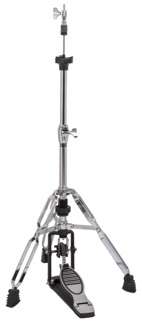 Extra heavy duty with double braced rotating legs. Chain driven foot plate with pulley mechanism for smooth action. Dial-up spring tension. Tri-rubber Hi-Hat seat. Ergo style memory locks, Hi-Hat tension adjustable clutch.