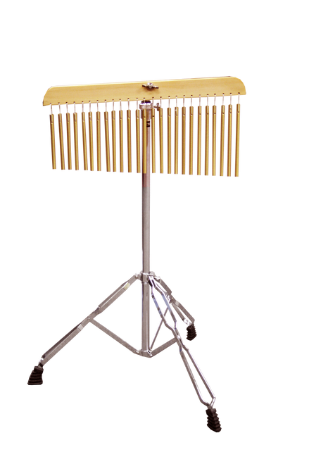 25 hollow chime bars hanging from natural wooden mount. Includes height adjustable double braced chrome stand.