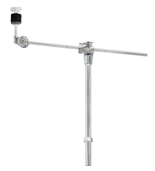 Knurled boom arm for secure locking with memory lock. Boom arm can be hidden down main mast for use as a straight cymbal holder. Tube with memory lock. Boom arm with memory lock. 360 degree adjustable cymbal tilter with cymbal isolation sleeve.