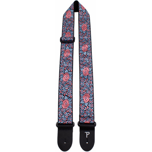 Perris 2" Jacquard Guitar Strap with Blue & Red Flower Pattern with Leather ends
