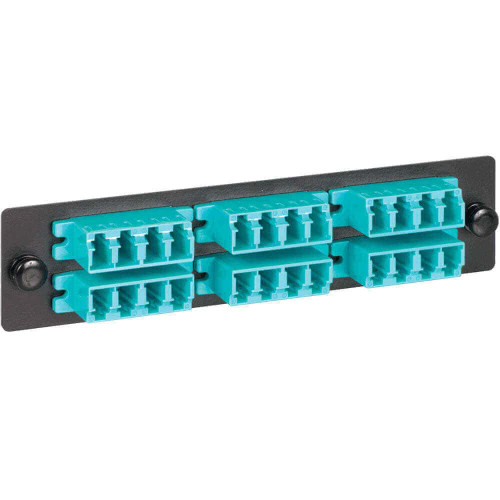 LC-LC Fiber Optic LGX Adapter Panel with Aqua Multimode Adapters for 24 10G Fibers LC-LC Fiber Optic LGX Adapter Panel with Aqua Multimode Adapters for 24 10G Fibers