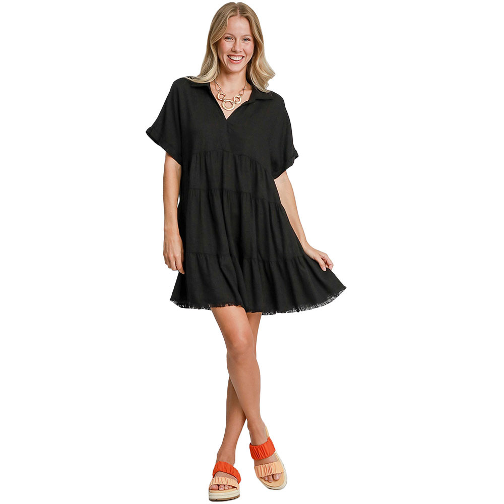 umgee black dress Umgee Black Tiered Dress with Raw Hem main image 1