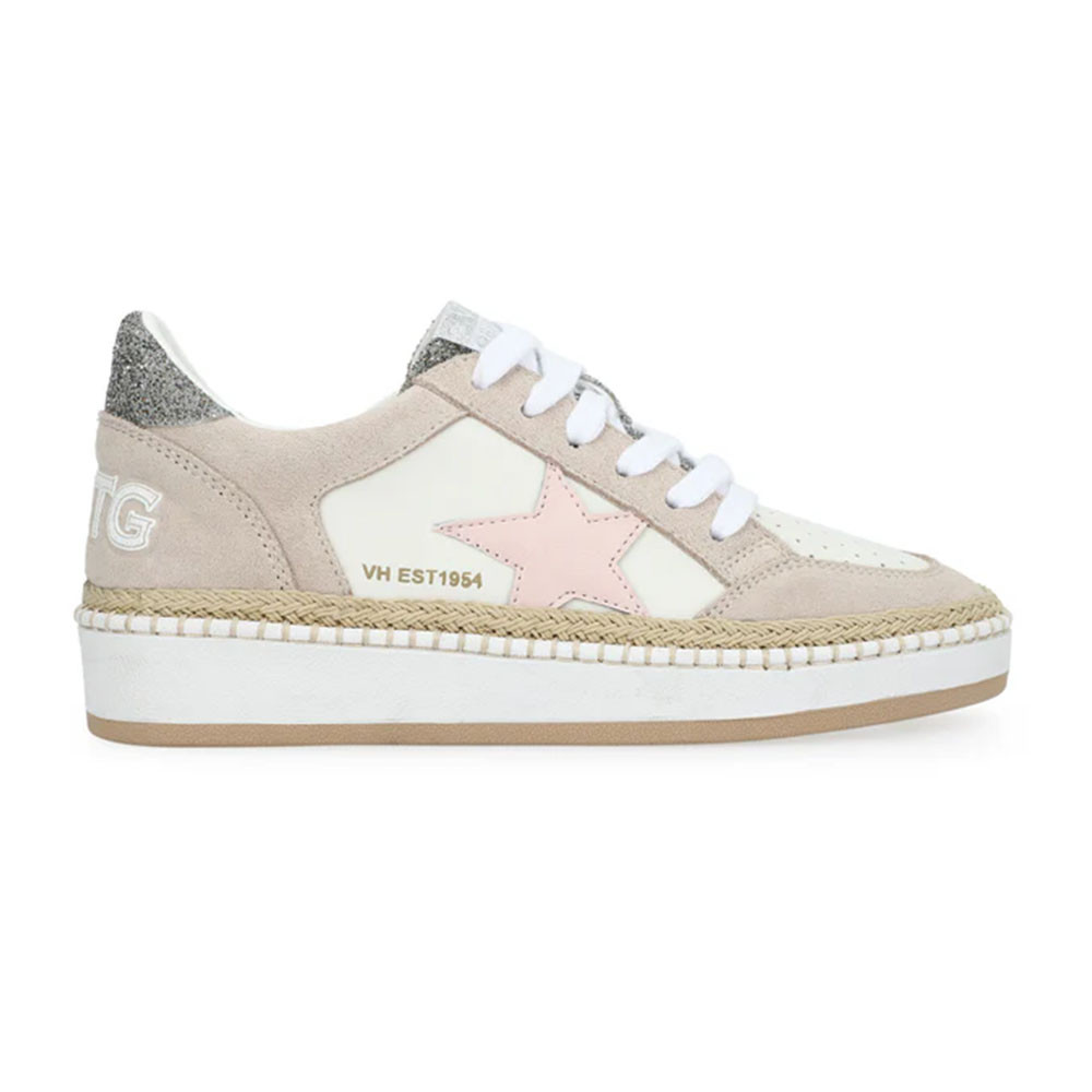 VINTAGE HAVANA Denisse Women's Lace-Up Sneakers - Silver Glitter Upper, Blue Back Tab, Casual Comfort