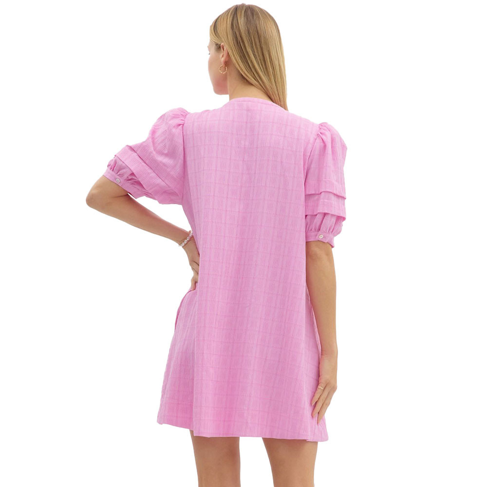 pink bow puff sleeve bodycon mini dress Black Bow Pink Short Puff Sleeves Summer Dress L main image 1