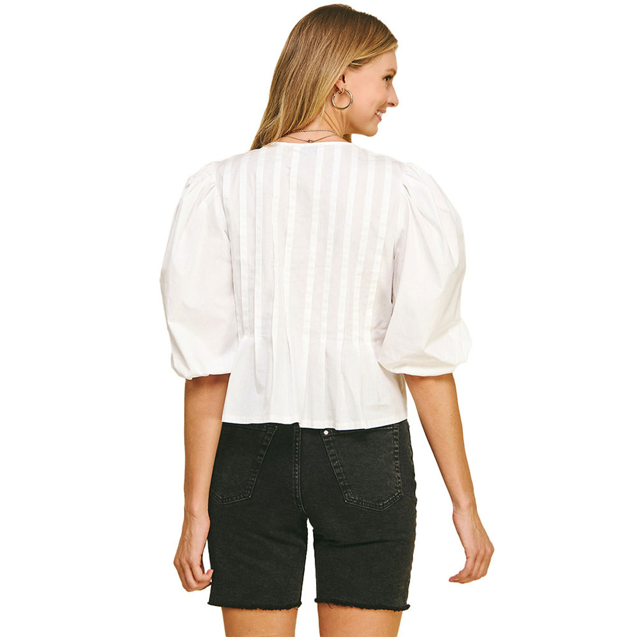 Women's Pinch Puff Sleeve Tie Front Blouse - Off White