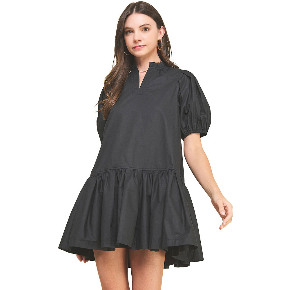 Women's Pinch Solid Puff Short Sleeve Mini Dress - Black | Eagle