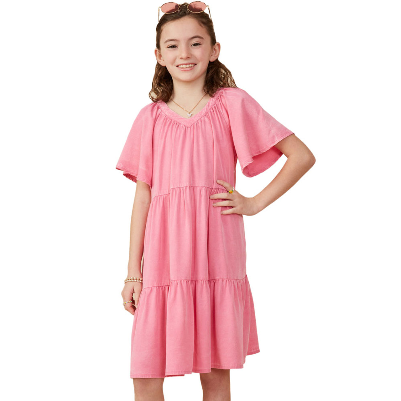 Girls' Hayden Washed Tencel V Neck Short Sleeve Tiered Dress